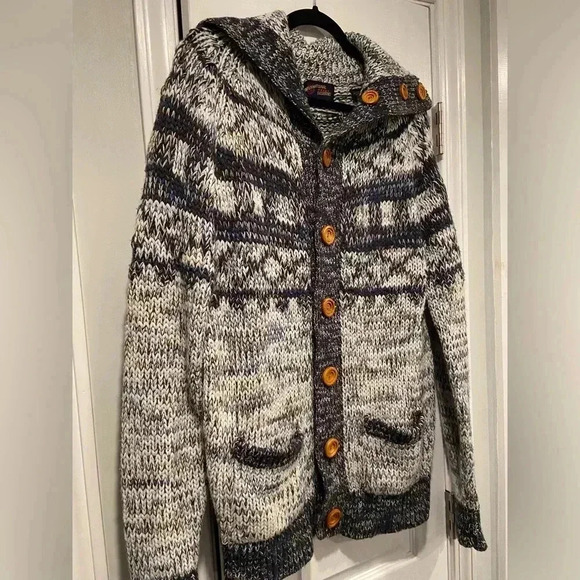 Anderson Little Nordic Ski Wooden Button Navy Blue Cowl Neck Cardigan Size L - Picture 3 of 12